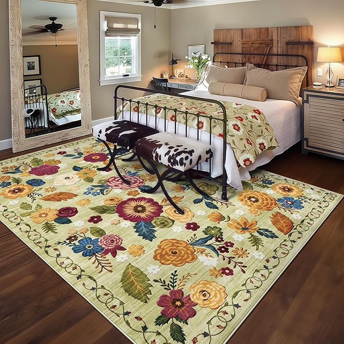 8x10 Machine Washable Area Rug for Living Room, Green Vintage Boho Floral Rug Large Non-Slip Low Pile Soft Faux Wool Carpet, Kids and Pets Friendly for Bedroom Dining Room Farmhouse Home Decor Rug