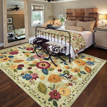 8x10 Machine Washable Area Rug for Living Room, Green Vintage Boho Floral Rug Large Non-Slip Low Pile Soft Faux Wool Carpet, Kids and Pets Friendly for Bedroom Dining Room Farmhouse Home Decor Rug