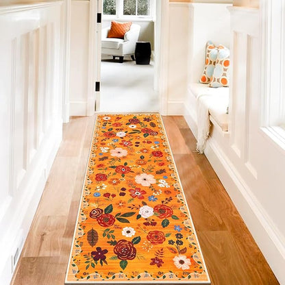 U'Artlines 2'x6' Fall Boho Runner Rug for Hallways Kitchen Colorful Floral Soft Non Slip Washable Floor Carpet Runners for Entryway Laundry Room Bathroom Orange