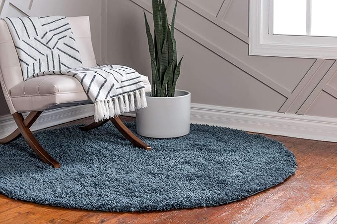 Unique Loom Davos Shag Collection Area Rug - Solid (6' 7" Round, Marine Blue)