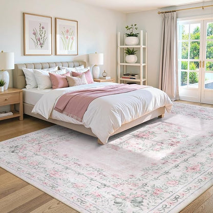 Wonnitar Washable 9x12 Area Rugs, Ultra-Thin Large Area Rug for Living Room, Pink Soft Non Slip Boho Floral Bow Apartment Decor Carpet for Big Bedroom Playroom Nursery Office, Light Pink
