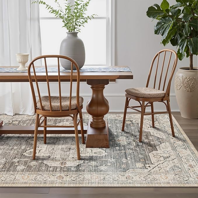 LUMI 4x6 Washable Area Rug for Living Room, Ultra Soft Vintage Rugs with TPE Non Slip Backing, Stain Resistant, Low Profile Carpet High Traffic for Bedroom, Dining Room
