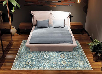 Bloom Rugs Caria Washable Non-Slip 4x6 Rug - Blue/Beige Traditional Area Rug for Living Room, Bedroom, Dining Room, and Kitchen - Exact Size: 4' x 6'