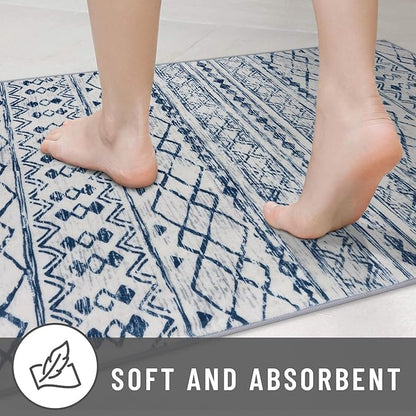 KUTA Vintage Boho Washable Rugs 3x5, Moroccan Non Slip Entryway Rug, Blue White Ultra Soft Print Distressed Geometric Low-Pile Area Rug for Living Room Bedroom Nursery Dorm Decor