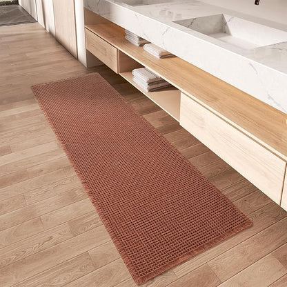 AMOAMI Upgraded Waffle Runner Rug Super Absorbent Non Slip Bath Mats for Bathroom Machine Washable Bathroom Runner Rug with Tassels, Ideal for Hallway Bedroom Laundry Room, Dirty Orange, 17" x 60"