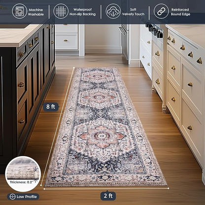 PURRUGS Vintage Farmhouse Boho Runner Rug 2x8 ft, Non-Slip Machine Washable Rug, Accent Oriental Area Rug for Kitchen, Hallway, Entryway, Bedroom, Living Room and Dining Room, Coral Red/Marine Blue