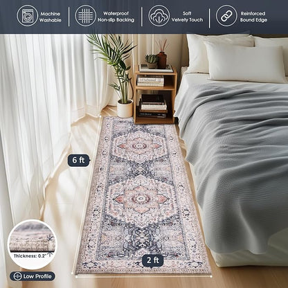 PURRUGS Vintage Farmhouse Boho Runner Rug 2x6 ft, Non-Slip Machine Washable Rug, Accent Oriental Area Rug for Kitchen, Hallway, Entryway, Bedroom, Living Room and Dining Room, Coral Red/Marine Blue