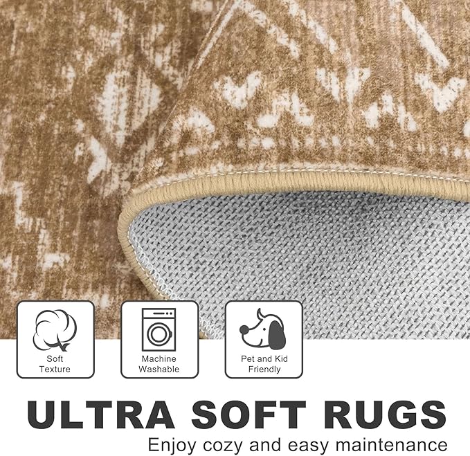 KILOCOCO Entryway Rug 3x5 Area Rug Boho Washable Non Slip Printed Throw Rugs Soft for Kitchen Living Room Dining Bedroom Geometric Moroccan Carpet, Yellow Brown Orange