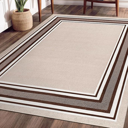 Beverly Rug Non Slip Area Rugs 8x10 Modern Bordered Non Skid Rubber Backing Soft Area Rug for Living Dining Room Easy to Clean Non Shedding Kitchen Bedroom Indoor Carpet 8 x 10 Beige-Brown