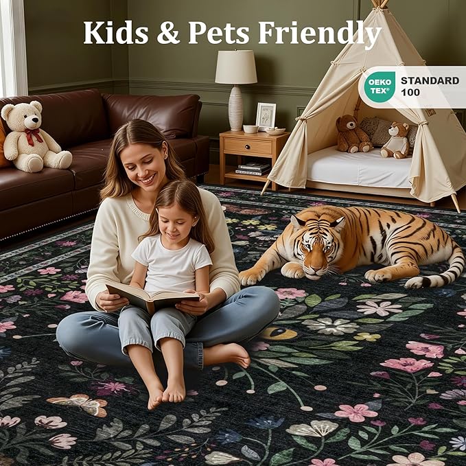 8x10 Area Rugs Living Room Rug: Vintage Washable Rug Floral Soft Carpet Indoor Floor Non-Slip Boho Stain Resistant Large Carpets for Bedroom Kids Nursery Dining Room Farmhouse Home Office Black/C02