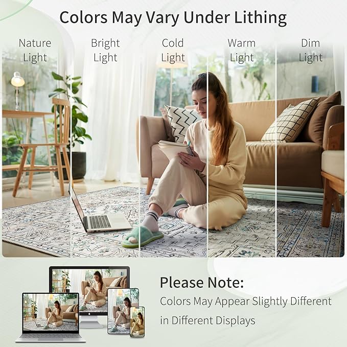 Enkor Area Soft Rugs 8x10 Washable Non Slip Boho Floor Rugs for Living Room Bedroom, Vintage Style Farmhouse Mat for Kitchen Entryway White & Grey