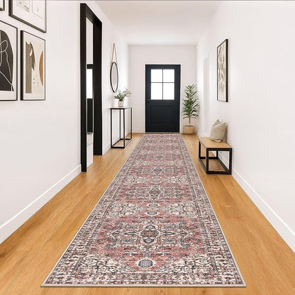 KOZYFLY Runners for Hallways 3x18 Ft Extra Long Washable Faux Wool Thin Runner Rug Printed Stair Carpet for Entryway Bedroom Kitchen Hallway Living Room, Terracotta/Beige
