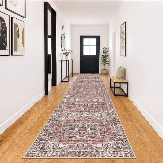 KOZYFLY Runners for Hallways 3x18 Ft Extra Long Washable Faux Wool Thin Runner Rug Printed Stair Carpet for Entryway Bedroom Kitchen Hallway Living Room, Terracotta/Beige