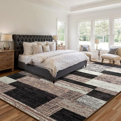Large Area Rugs,Modern Geometric Patchwork Floor Decor for Bedroom Aesthetic Carpet, Rockwood Collection, Indoor Rugs for Living Room Dining Room Nursery Office Machine Washable Rug, 6x9 Ft Chocolate