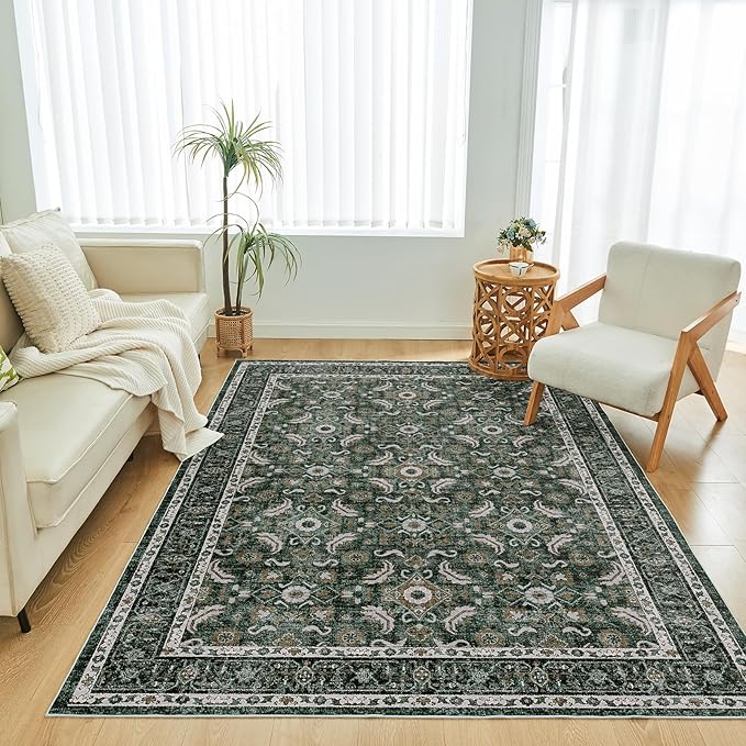 WITSHOCK Living Room Area Rugs 5x7: Soft Non-Slip Backing Washable Rugs Vintage Large Carpet for Bedroom Office Dining Room Kitchen Stain Resistant Home Decor Rug, Dark Green