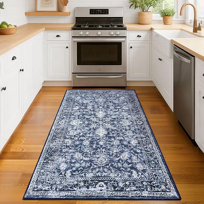 KILOCOCO Area Rug 3x5 Washable Entryway Rug Printed Vintage Floral Rubber Backed Non Slip Indoor Blue Kitchen Rugs for Living Room Laundry Room Playroom Mudroom Moroccan Area Rugs