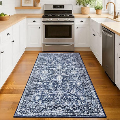 KILOCOCO Area Rug 3x5 Washable Entryway Rug Printed Vintage Floral Rubber Backed Non Slip Indoor Blue Kitchen Rugs for Living Room Laundry Room Playroom Mudroom Moroccan Area Rugs