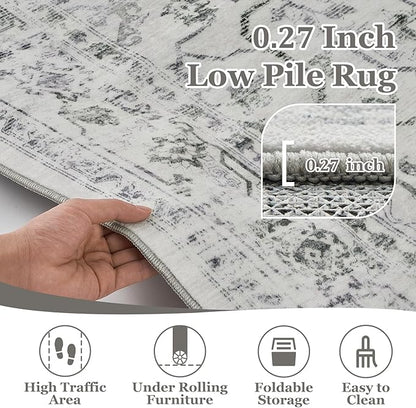 Farmhouse Distressed 8x10 Rugs for Living Room Bedroom, Washable Non Slip Dining Room Rugs for Under Table, Low Pile Thin Soft Carpet Medallion Pattern Printed Boho, Off White/Grey