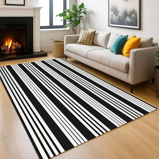 KOZYFLY Black and White Striped Outdoor Rug 5x7 Ft Area Rug Washable Indoor Outdoor Rug Cotton Outdoor Patio Rugs Farmhouse Rugs Living Room Carpet for Patio Dining Room Bedroom