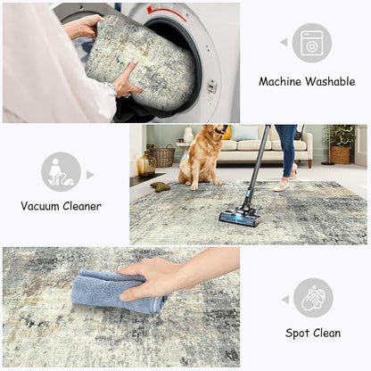 Lahome Modern Abstract Living Room Rug, Grey Washable Rugs 8x10 Area Rugs for Bedroom Stain Resistant Non Slip, Large Soft Indoor Accent Carpet for Dining Room Table Home Office Decor