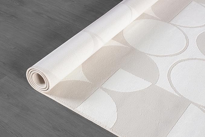 Beverly Rug Modern Geometric Area Rug 5x7 Low-High Pile Durable Soft Abstract Circular Indoor Rugs for Living Dining Room Office Stain Resistant Non Shedding Casual Indoor Carpet Beige White 5 x 7