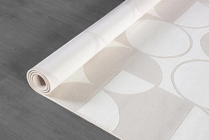 Beverly Rug Modern Geometric Area Rug 5x7 Low-High Pile Durable Soft Abstract Circular Indoor Rugs for Living Dining Room Office Stain Resistant Non Shedding Casual Indoor Carpet Beige White 5 x 7