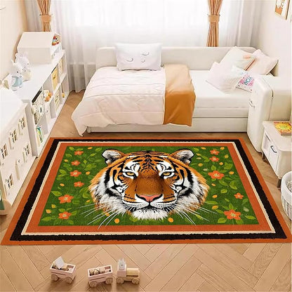 Tiger Print Rug,3x4ft,The Tiger is Surrounded by Orange and Green Floral Patterns. This Rug is Suitable for Boys and Girls' Bedrooms，Anti-Slip Carpet Suitable for Living Room Bedroom Home Decoration
