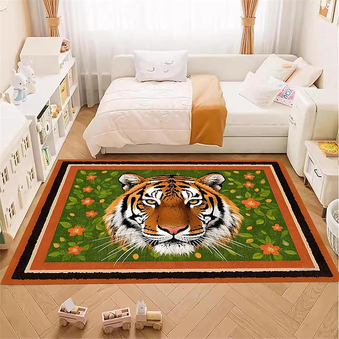 Tiger Print Rug,5x8ft,The Tiger is Surrounded by Orange and Green Floral Patterns. This Rug is Suitable for Boys and Girls' Bedrooms，Anti-Slip Carpet Suitable for Living Room Bedroom Home Decoration