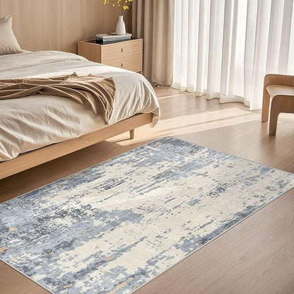 3x5 Area Rug Living Room Rugs - Washable Neutral Modern Abstract Soft Thin Rug Indoor Floor No Slip Rug Carpet for Bedroom Under Dining Table Home Office Decor - Blue/Light Brown