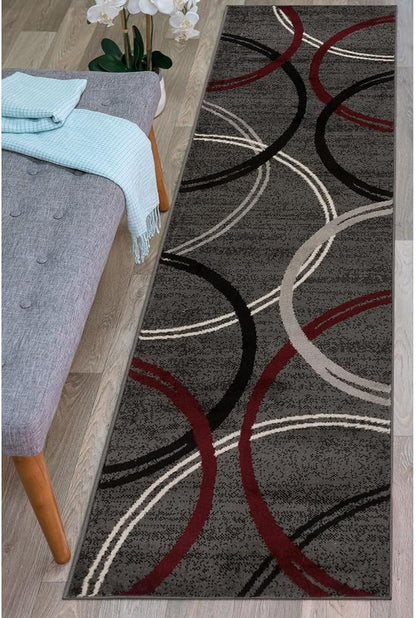 Rugshop Modern Wavy Circles Design Non-Shedding Runner Rug, Carpet for Hallway or Bathroom, Red, 2'7" x 6'