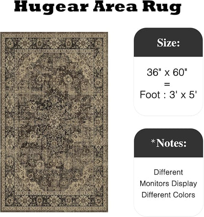 HUGEAR 3x5 Entryway Area Rug Retro Brown Small Rug Machine Washable Door Mat Vintage Floral Low Pile Carpet Distressed Throw Rug Entrance Kitchen Bedroom Bathroom Office Non Slip Soft Lightweight