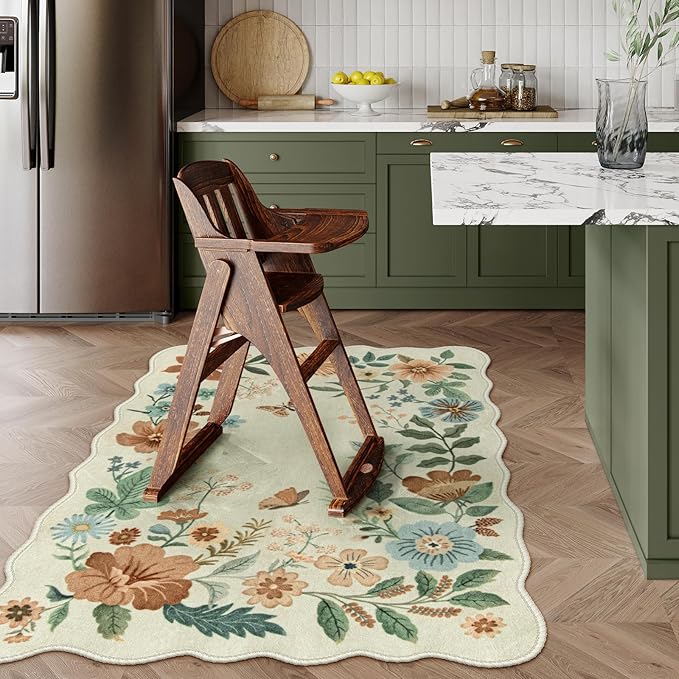 Lahome Floral Machine Washable Rug, 3x5 Rug Non Slip Soft Bedroom Rugs for Entryway Dorm, Ultra-Thin Boho Rugs for Living Room Stain Resistan Throw Carpet for Nursery Entrance, Beige