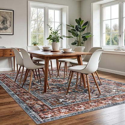 KOZYFLY Boho Area Rug 6x9 Ft Thin Rugs for Living Room Washable Bedroom Rug Non Slip Rugs Printed Faux Wool Vintage Bedroom Rug Floor Carpet for Dining Room Living Room, Brick Red/Orange/Green