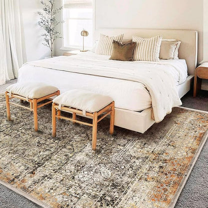 Area Rug 6'x9' Washable Vintage Traditional Floor Cover Thin Retro Kitchen Indoor Distressed Non Slip Carpet Floral Print Mat for Living Room Bedroom Dining Room