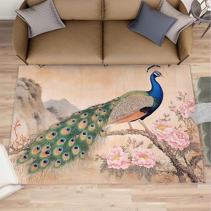 Peacock Peony Area Rug 5x7-5x7 Rug, Classic Peacock Peony Rugs for Living Room, Floral Animal Carpet, Peafowl Feather Washable Area Rugs for Bedroom, Aesthetics Carpet - Peafowl Home Decor & Gifts