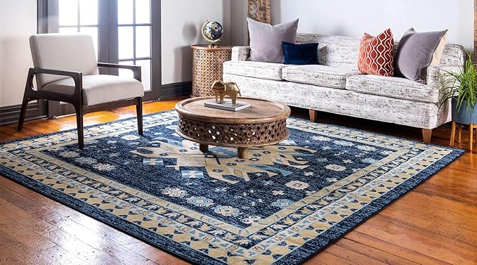 Unique Loom Taftan Collection Border Geometric Tribal Inspired Design Area Rug (8' 0 x 8' 0 Square, Navy Blue/ Gold)