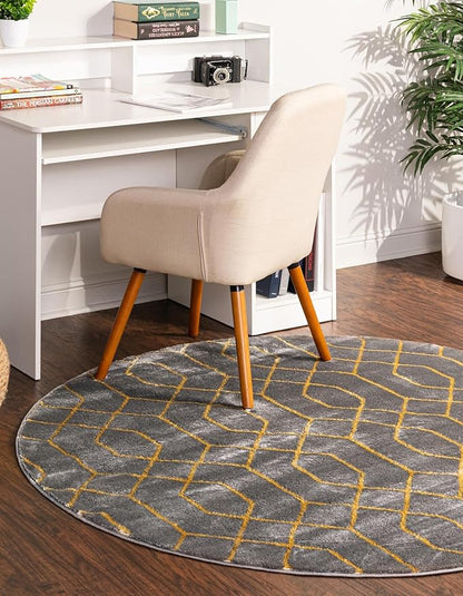Unique Loom Glam Collection Area Rug - Trellis (3' 3" Round, Gray Gold/ Gold)