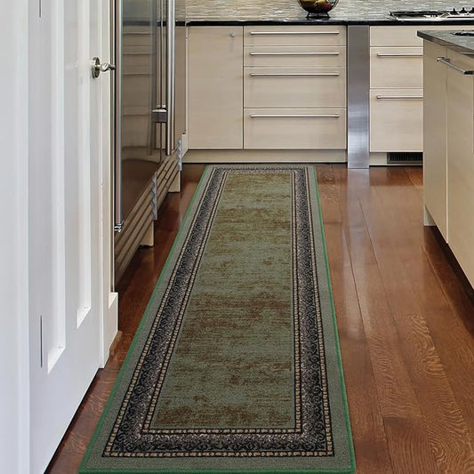 Antep Rugs Alfombras Bordered Modern 2x10 Non-Slip (Non-Skid) Low Pile Rubber Backing Indoor Area Runner Rug (Green, 2' x 10')