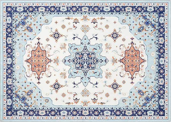 Phantoscope Washable Area Rug 5'x7' Non-Slip, Vintage Boho Rugs for Living Room, Bedroom, Dining Room, Medallion Persian Symmetrical Pattern, Low-Pile Foldable Floor Carpet, Ivory Blue/Orange