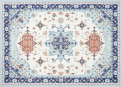 Phantoscope Washable Area Rug 5'x7' Non-Slip, Vintage Boho Rugs for Living Room, Bedroom, Dining Room, Medallion Persian Symmetrical Pattern, Low-Pile Foldable Floor Carpet, Ivory Blue/Orange