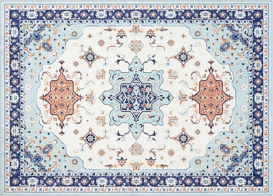 Phantoscope Washable Area Rug 5'x7' Non-Slip, Vintage Boho Rugs for Living Room, Bedroom, Dining Room, Medallion Persian Symmetrical Pattern, Low-Pile Foldable Floor Carpet, Ivory Blue/Orange