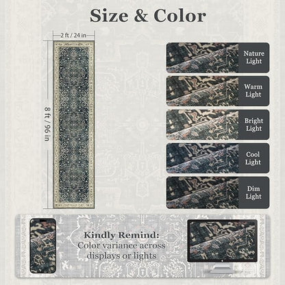 Medallion Hallway 2x8 Runner Rug, Washable Non Slip Entryway Runner Indoor, Low Pile Thin Vintage Distressed Carpet Runners 8ft for Kitchen/Bedroom Bedside/Laundry Room/Bathroom, Midnight/Multi