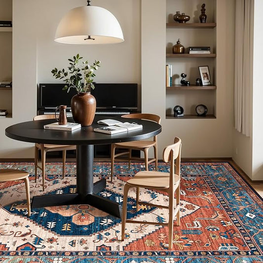 Lahome 8 x 10 Area Rugs for Living Room - Boho Washable Non-Slip Backing Large Rug Ultra-Thin Stain Resistant Dining Room Rugs for Under Table, Oriental Print Carpet Rugs for Bedroom (Rust, 8'x10')