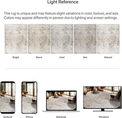ReaLife Rugs Machine Washable Area Rug - Living Room Bedroom Bathroom Kitchen Entryway Office - Padded Low Pile Stain Resistant Premium - Boho Farmhouse Vintage - Joy - Beige Ivory 5' x 7'