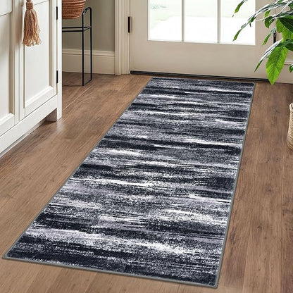 Modern Abstract Runner Rug 2x5, Black Grey Washable Kitchen Runner Entryway Rug Mat Non-Slip Soft Hallway Rug Runner Thin Print Faux Wool Carpet for Bedroom Laundry Room Indoor