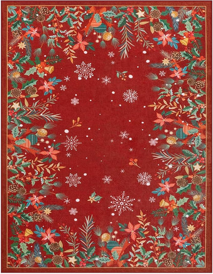 Wonnitar Christmas 8x10 Area Rugs for Living Room, Low Pile Soft Large Bedroom Rug, Non-Slip Washable Red Floral Snowflake Holiday Decor Floor Carpet for Dining Room(Christmas Red,8'x10')