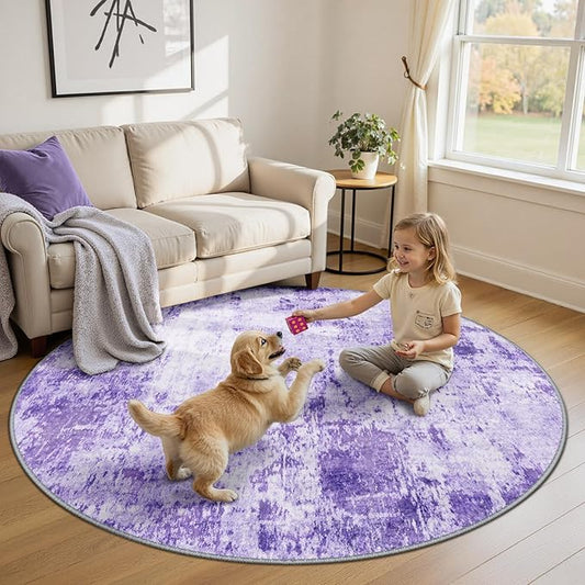 Washable Area Rugs 6ft Non-Slip Modern Abstract Soft for Living Room Entryway Bedroom Nursery, Print Pattern, Purple Gray Pink White
