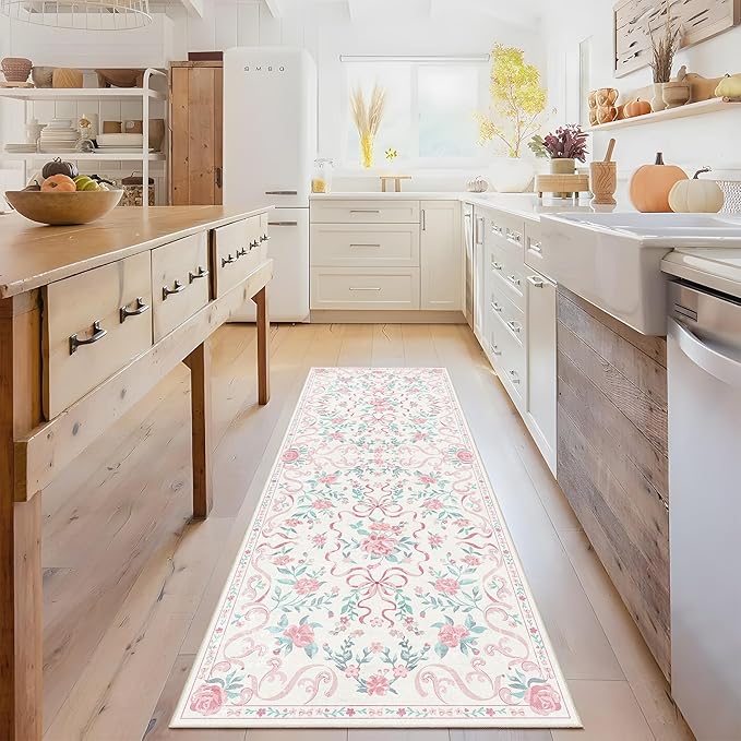 Washable Non-Slip Runner Rugs 2X6, Pink Rug Boho Farmhouse Bow Floral Area Rug for Hallway Kitchen Bedroom Beside Laundry Room Bathroom Rug, Low Pile Stain Resistant Soft Floor Carpet
