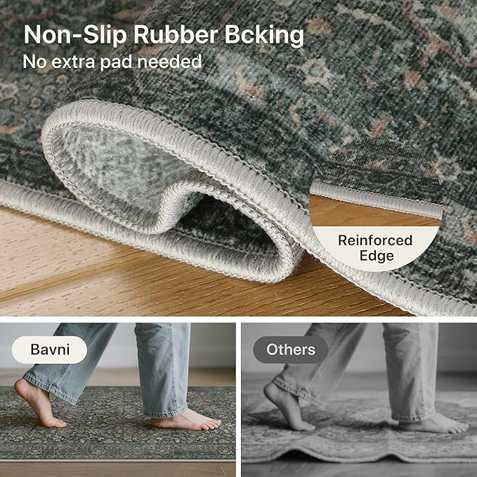 Bavni Area Rugs for Living Room, 5x7 Area Rugs Non-Slip Washable，Ultra-Thin Aesthetic Boho Rug for Bedroom Dinning Room Office, Dark Green