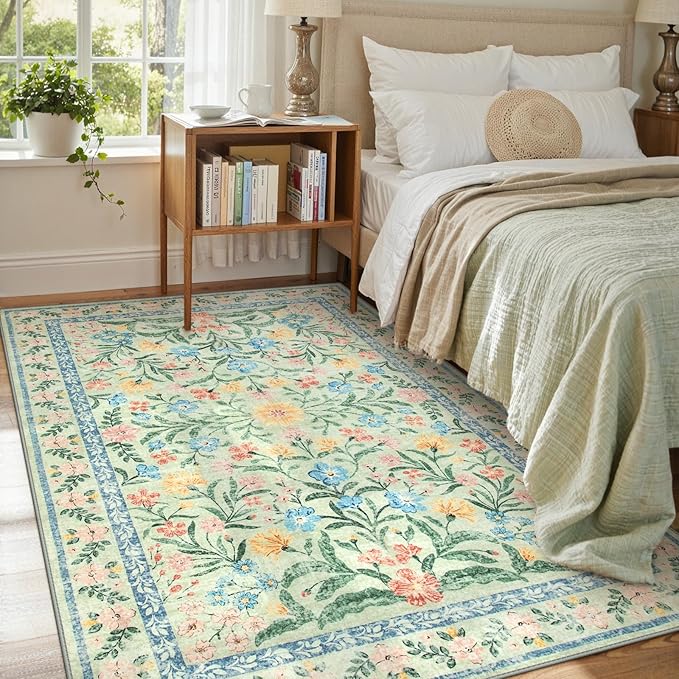 Lahome Washable 5x7 Area Rugs, Boho Pink and Green Floral Living Room Rug Non Slip, Vintage Girls Bedroom Indoor Carpet for Nursery Playroom Kitchen, Green/Multi